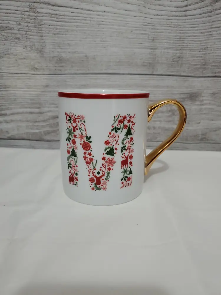 Ciroa With Love Mug Monogram Initial M Real Gold Handle 12 oz Holiday Design Cup