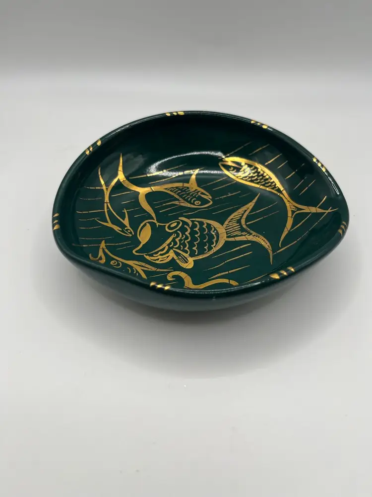 Trinket Dish Bowl Redware Ceramic Hand Painted Fish Green Gold