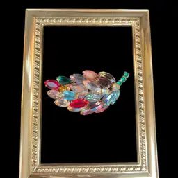 Domed Mid Century Marquis Style Multi Colored, & Multi Textured Rhinestones on a Leaf Shaped Gold Tone Setting