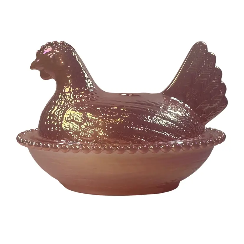 Rose’s Closet Pink Carnival Glass Hen on Nest 3 1/2” tall 4 3/4” long New Chicken