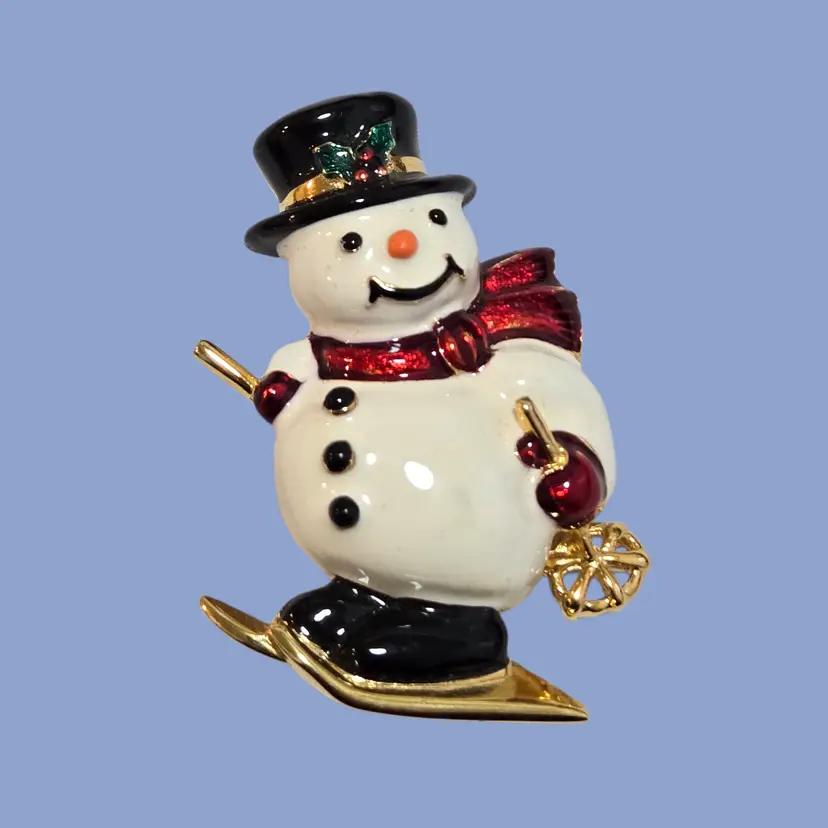 Joan Rivers Skiing Enamel Snowman Brooch HTF