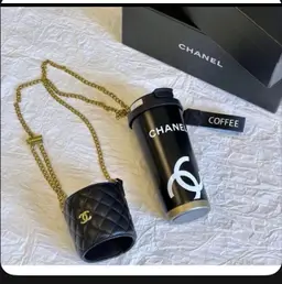VIP Black Chanel Coffee Tumbler With Sleeve & Gold Chain