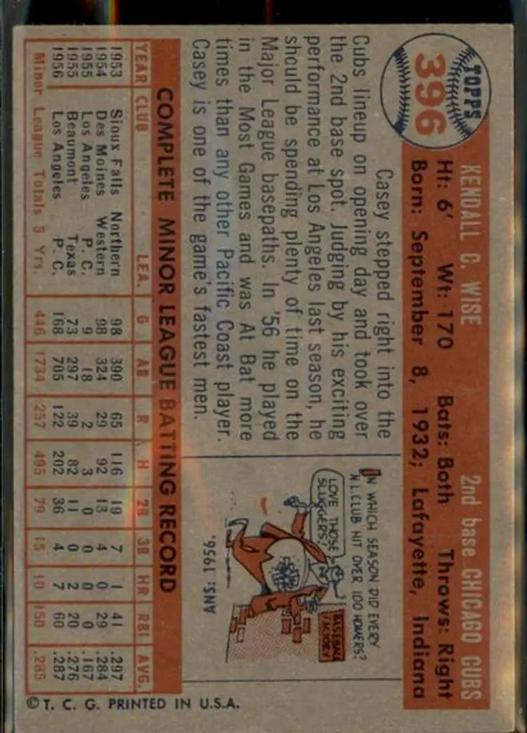 1957 Topps #396 Casey Wise - ( pk1 ) - Chicago Cubs