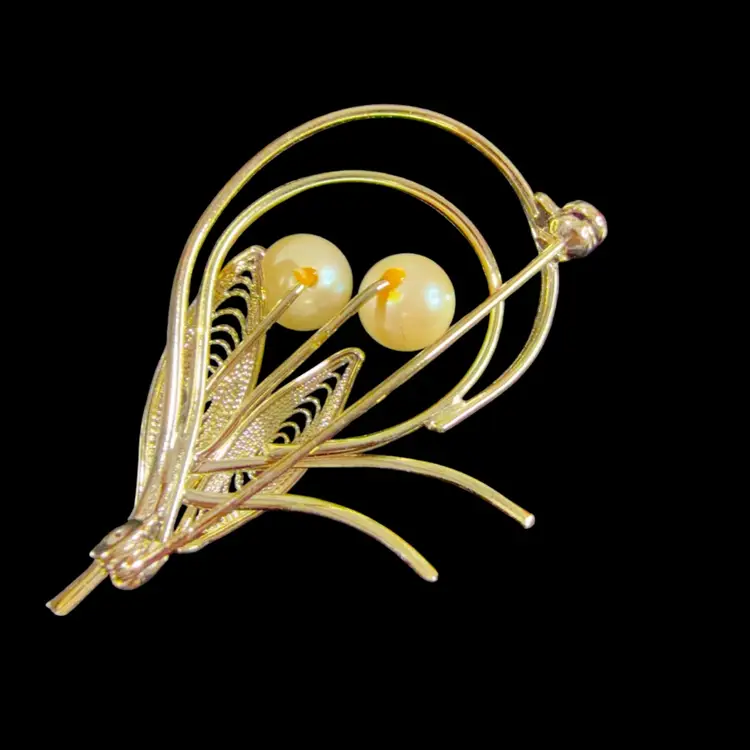 Gold Tone Brooch with Faux Pearls 2”