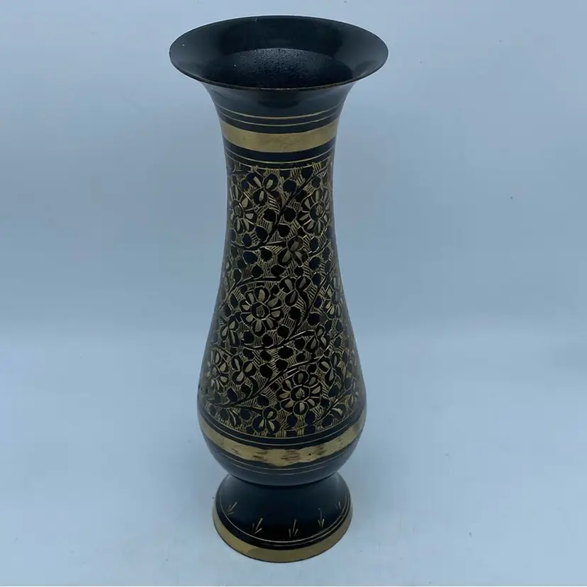 #3521 Hand-made In India Vintage etched Black Over brass vase with floral motifs.