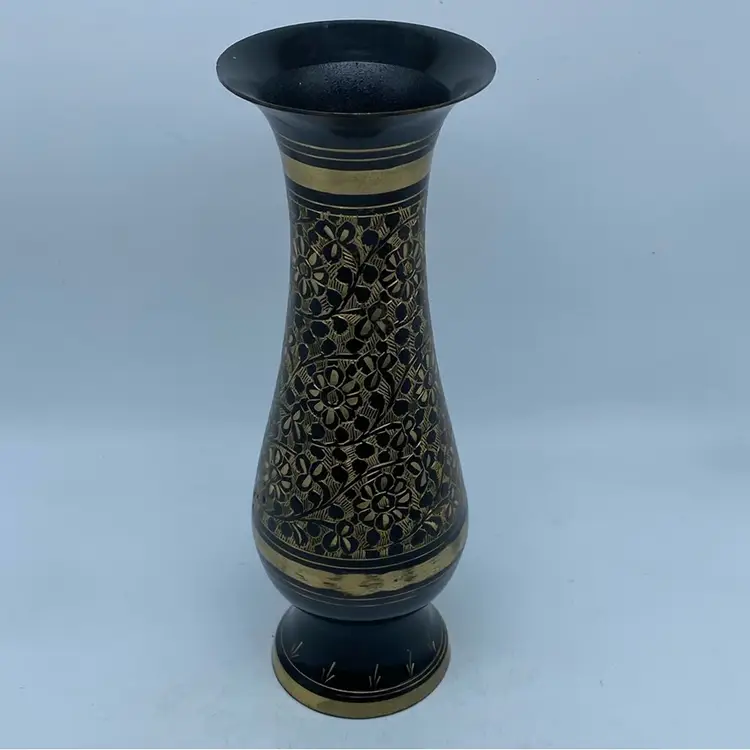 #1845 Hand-made In India Vintage etched Black Over brass vase with floral motifs.