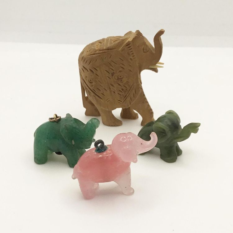 Miniature Wooden Stone Elephant Figurine Trinket Figurine Pendant Charm Lot of 4