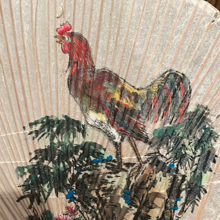 Antique Uchiva Rooster Hand Painted Vanity Decor Hand Fan 🪭