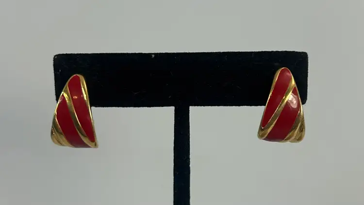 Vintage Monet Gold Tone Red Enamel Clip on Earrings