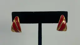 Vintage Monet Gold Tone Red Enamel Clip on Earrings