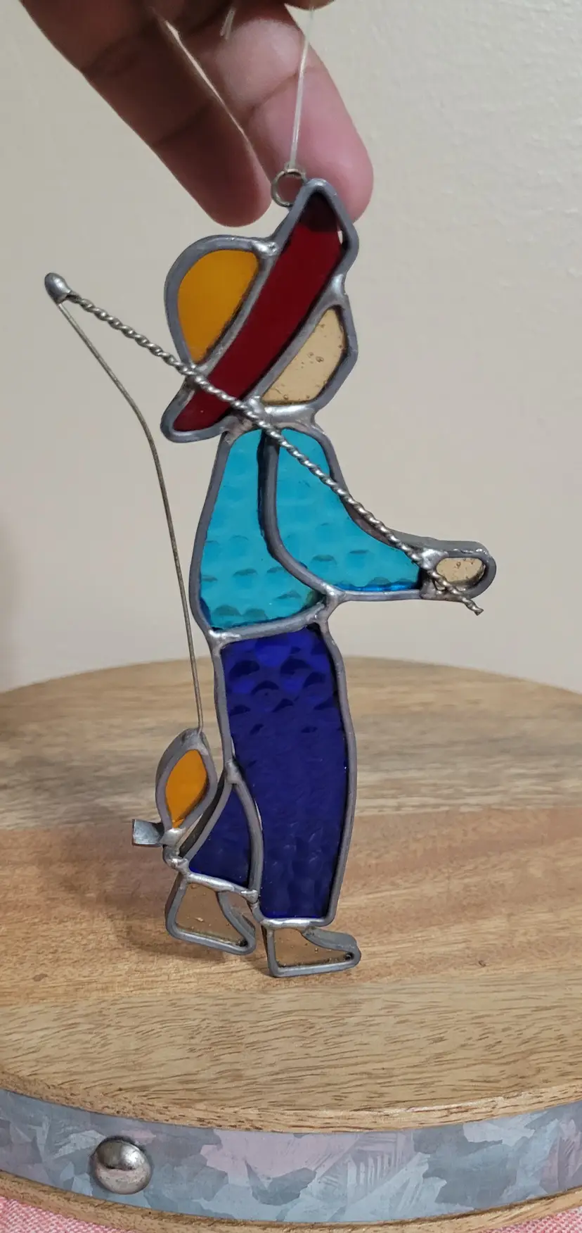 Stained Glass Little Boy Fishing Pole & Fish Suncatcher  6.5"