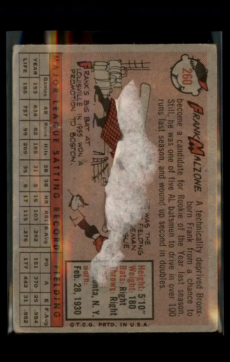 1958 Topps #260 Frank Malzone - (pk4) - Boston Red Sox