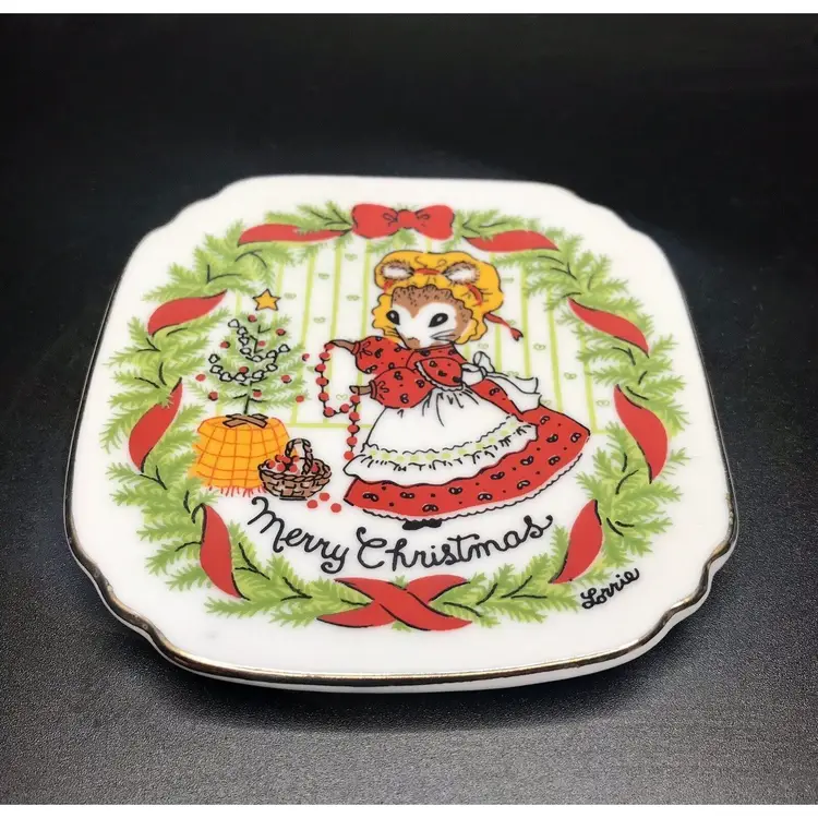 Retro Merry Christmas Mouse JAPAN Small Plate 3 1/2" Signed Lorrie