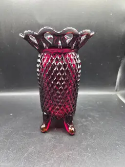 Vintage Imperial Ruby Red Diamond-Cut Glass Vase Scalloped Rim Four PedestalGlow