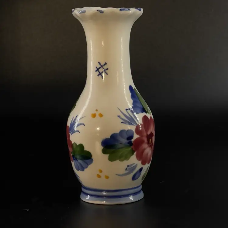 6” Pottery Vase Hand Painted Red Flower Blue Trim