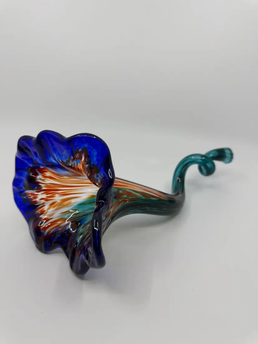 Hand Blown Art Glass Flower Blossom Cobalt Blue Orange White Turquoise 10.25”