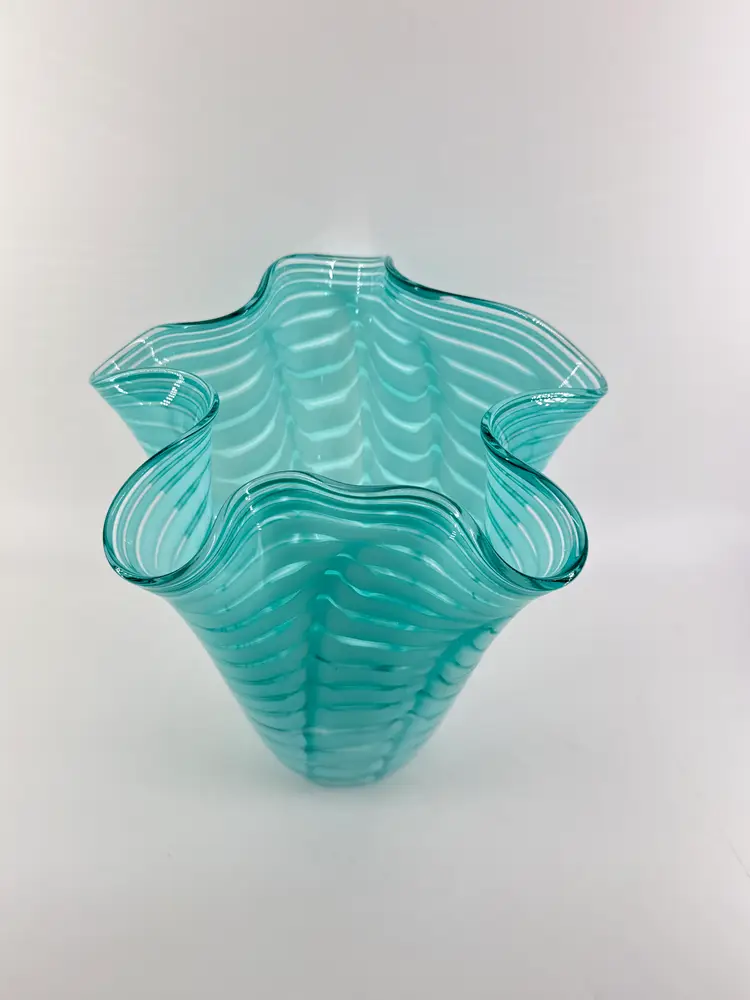 Royal Gallery Poland 11.25" Blown Glass Teal Swirled Handkerchief Vase