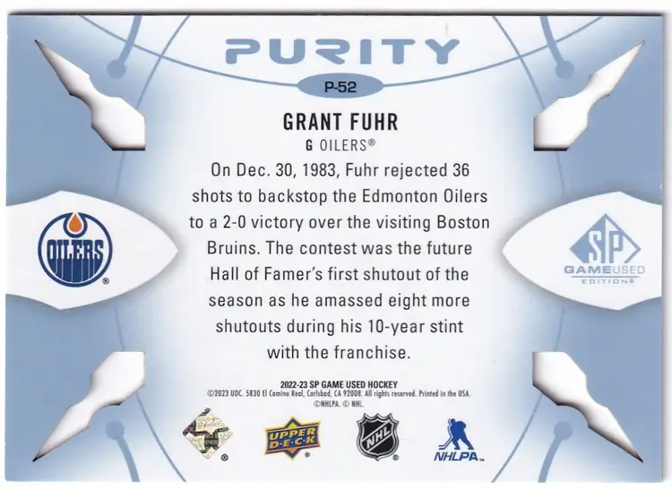 2022-23 SP Game Used Purity Platinum #P52 Grant Fuhr Edmonton Oilers Hockey Card