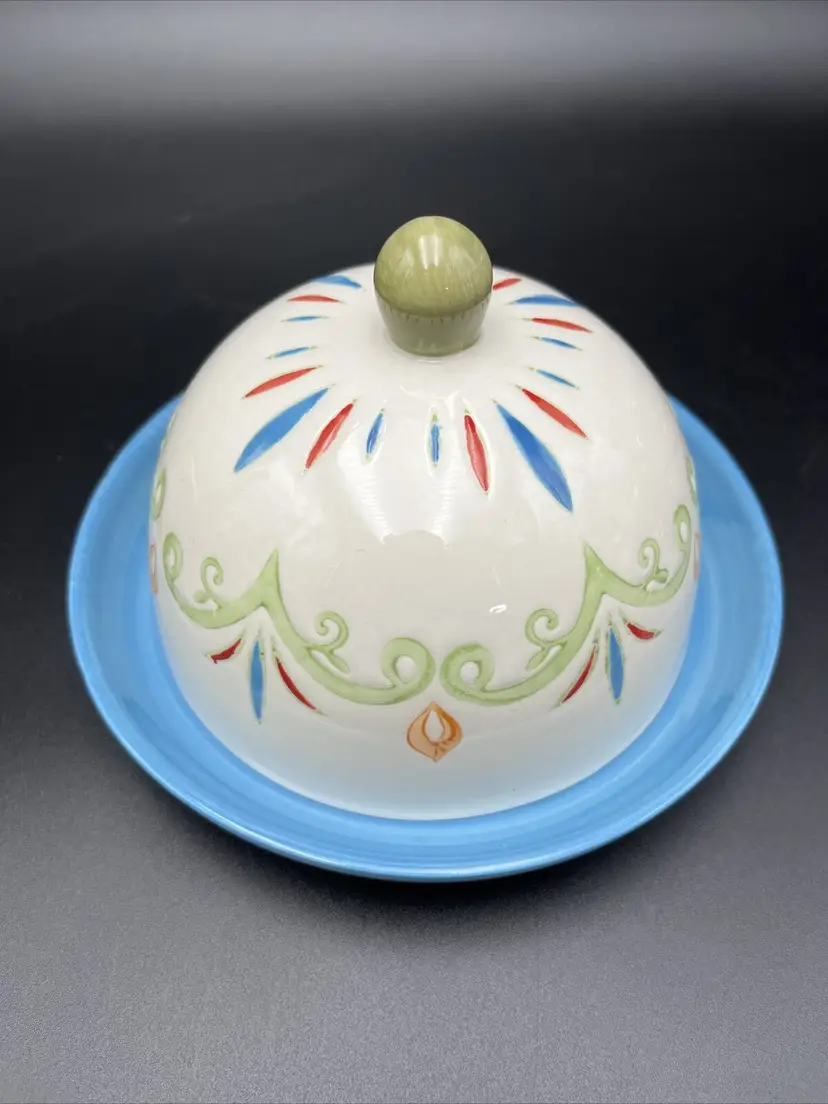 Anthropologie Dutch Wax Covered Butter Or Cheese Dish Ceramic Round Domed Lid