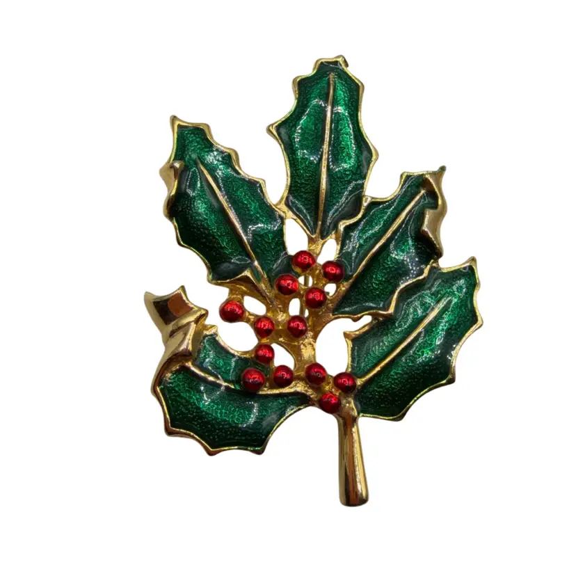 Vintage Cloisonné Holly & Berries Christmas Holiday Brooch