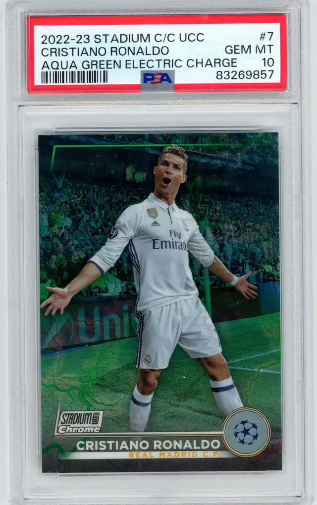 2022-23 Stadium Club Chrome UCC CRISTIANO RONALDO /225 Aqua Green Electric Charge SP #7 REAL MADRID C.F. PSA 10 GEM MT