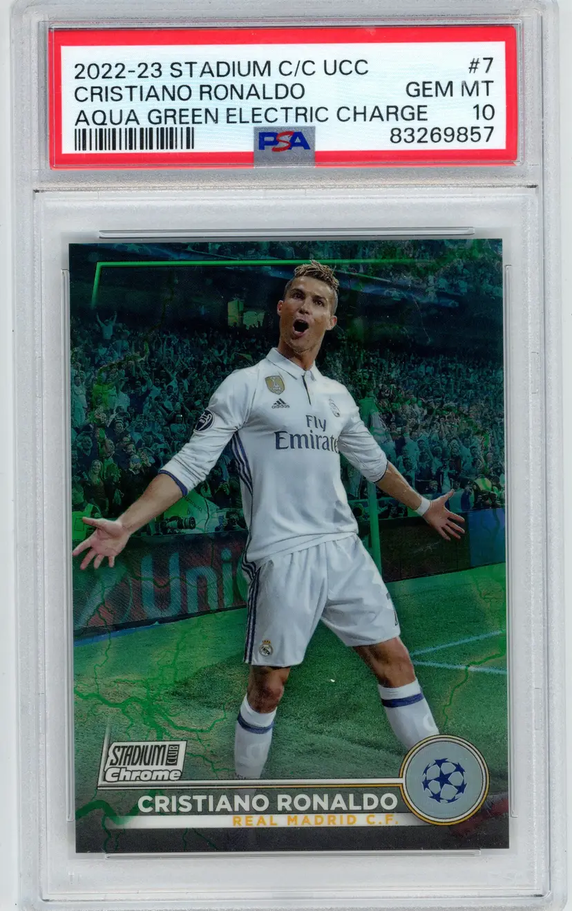 2022-23 Stadium Club Chrome UCC CRISTIANO RONALDO /225 Aqua Green Electric Charge SP #7 REAL MADRID C.F. PSA 10 GEM MT
