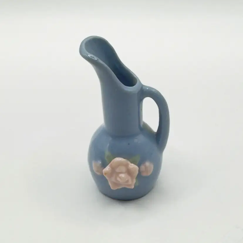 Vintage Handcrafted Pottery Blue Miniature Pitcher with Floral Accent, Unbranded, Made in Occupied Japan