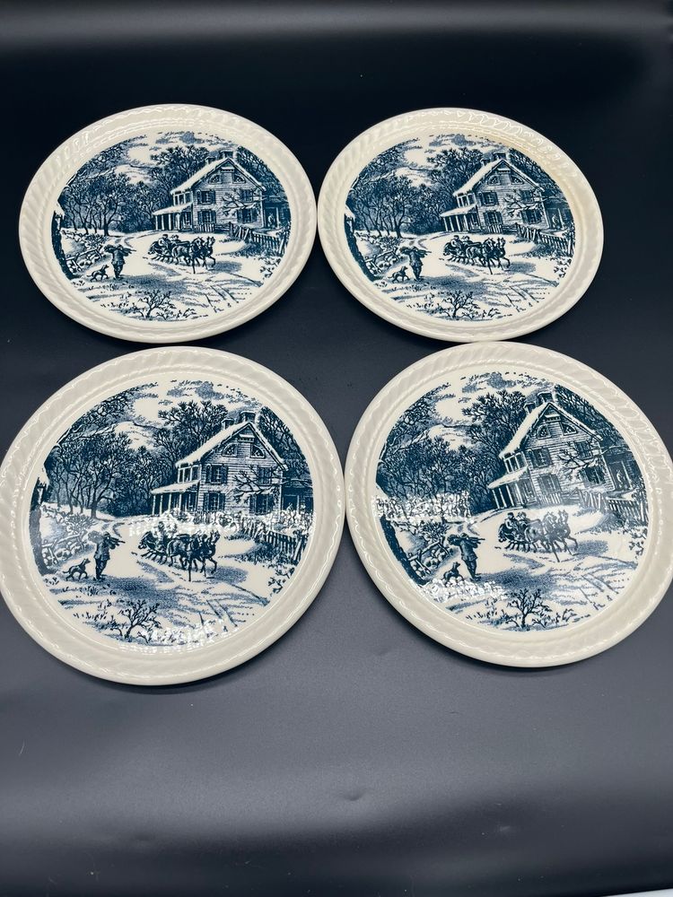 Blue & White Transferware Winter Scene Plates - Set of 4