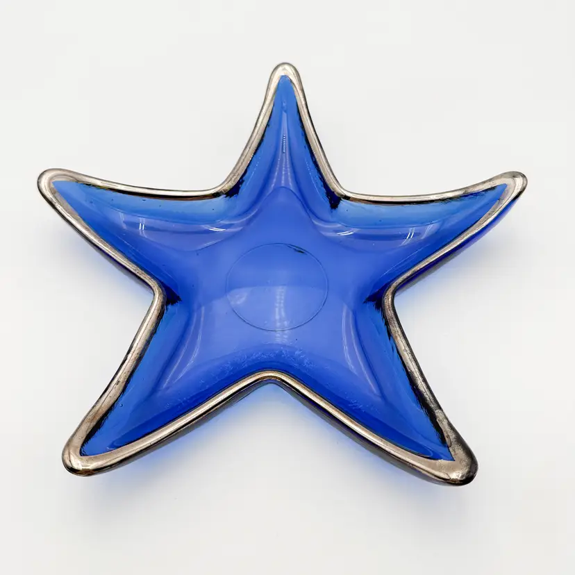 Blue Glass Star Fish Dish Gold Trim 10"