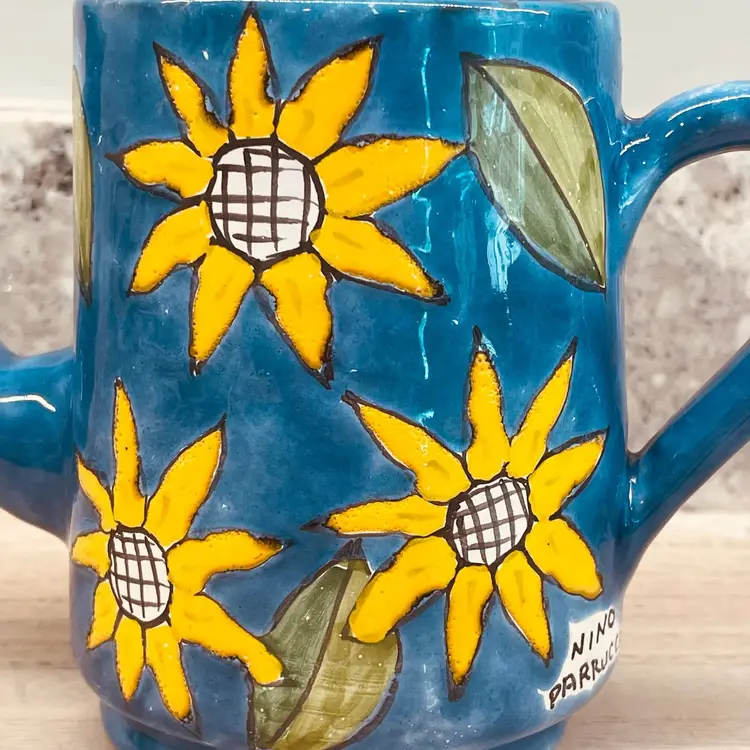 Hand Painted Nino Parrucca Teapot Bent Spout Italy Yellow Sunflowers Art Pottery