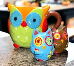 Owl Kitchenware Lot - Salt & Pepper Shakers And Utensil Holder - Vibrant Bright Ceramic