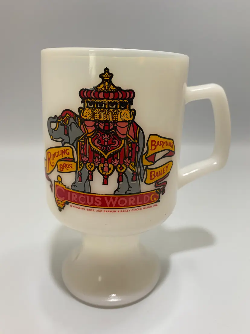 Vintage Milk Glass Pedestal Mug 'Ringling Bros Barnum & Bailey, Circus World' Souvenir