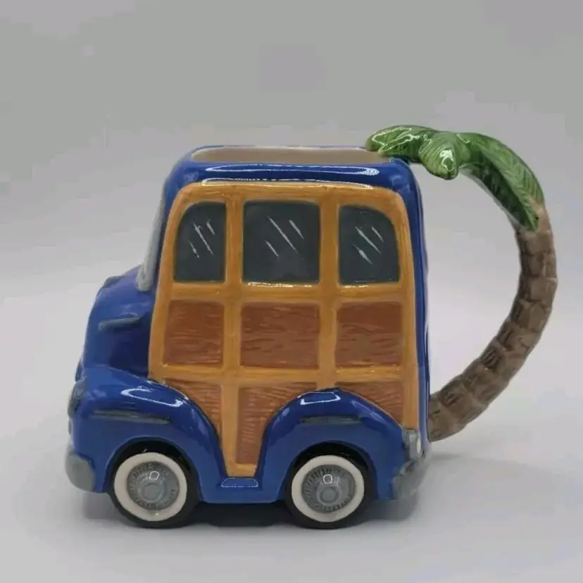 Artist Signed Ceramic Blue Car Planter • Palm Tree Handle • P. Brewt • Vtg Disc.