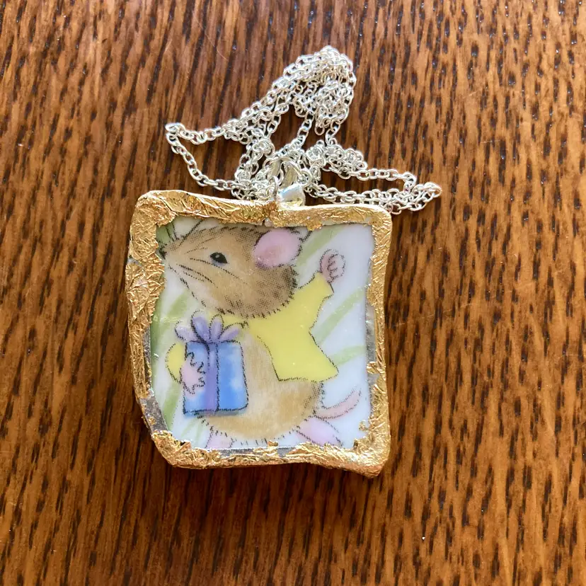 Broken Pottery Artisan Made Pendant Royal Kent Mouse Plate Handcrafted Necklace 1 3/8 in x 1.5 in