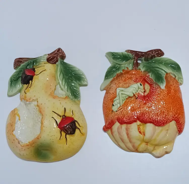 Kitschy Pair Of Fruiti Buggy Wall Plaques; Beetles And A Grasshopper! Hand painted With Beautiful Bright Colors