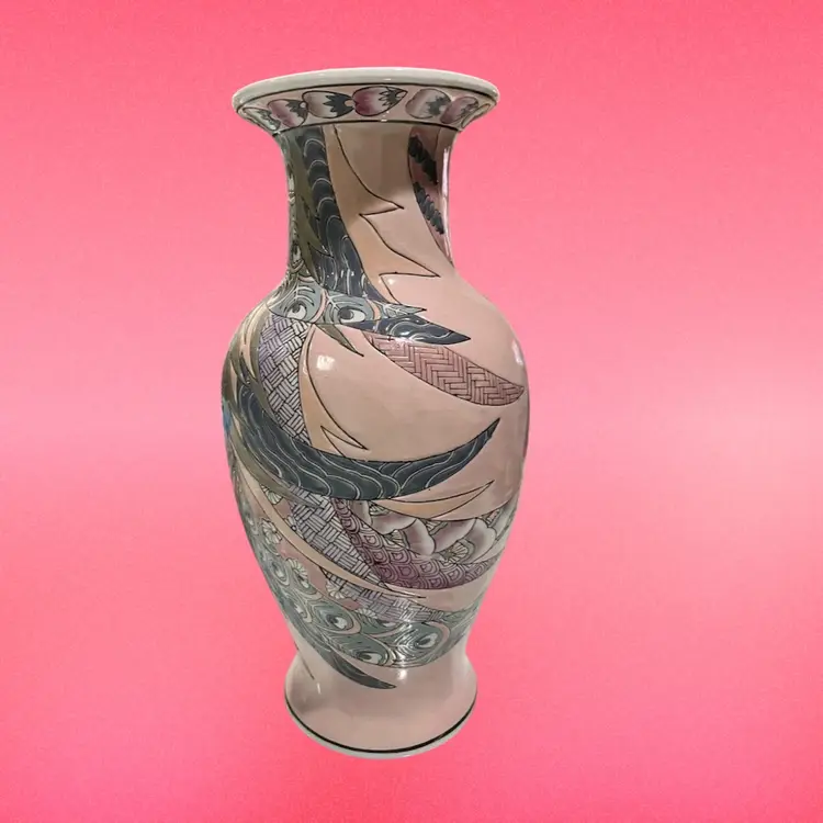 Vintage Made In Macau hand-painted with a peacock feather and floral design 12”