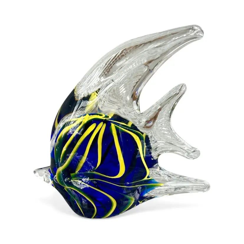 Large Blue And Yellow Glass Art Angel Fish Paperweight Or Figurine