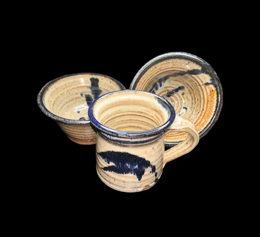 Studio Art Pottery Blue & Tan Coffee Mug And Two Bowls - Signed, Same Artist