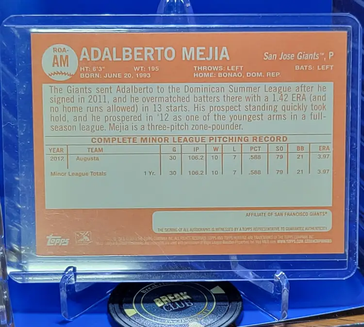 Adalberto Mejia 2013 Hertigar Minor League Auto #ROA-AM San Francisco Giants