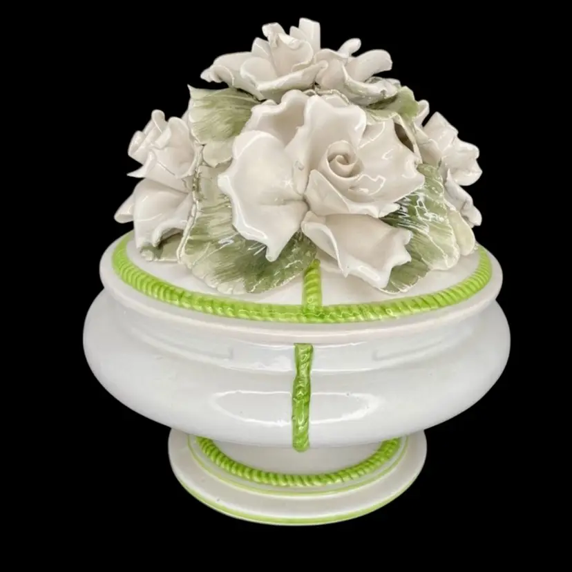 Vtg Nora Fenton Italy Capodimonte style Flowers Lidded Pedestal Compote Dish