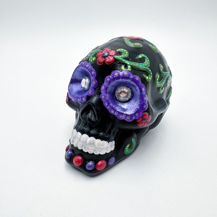 Sugar Skull Figurine Ceramic Multicolor Hand Painted 3.5"H 3"W 5"L