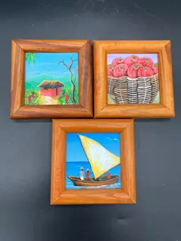 Vintage Framed Acrylic Folk Art Paintings, Caribbean, Set of 3, Signed