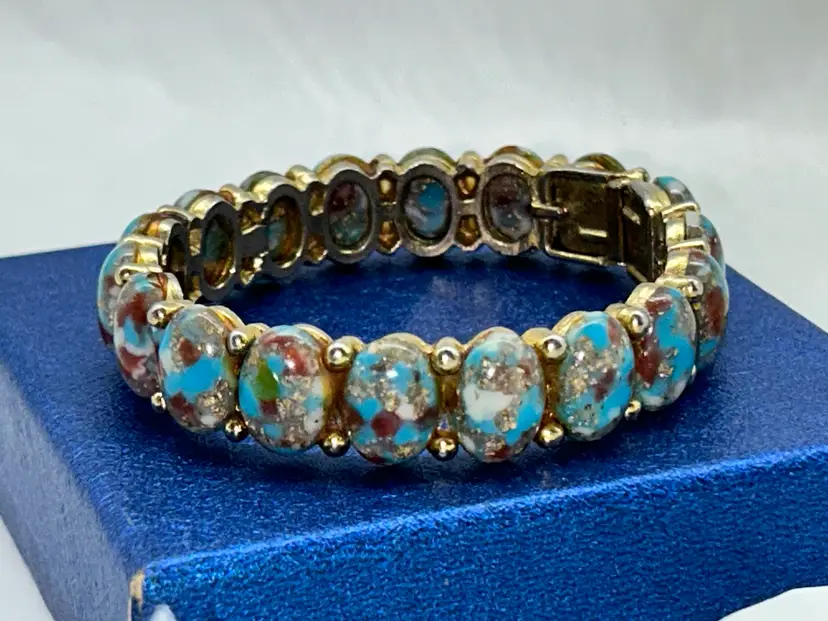 Vintage Signed Har Rare Hinged Bracelet Blue Dinosaur Egg Cabochons Goldtone Metal