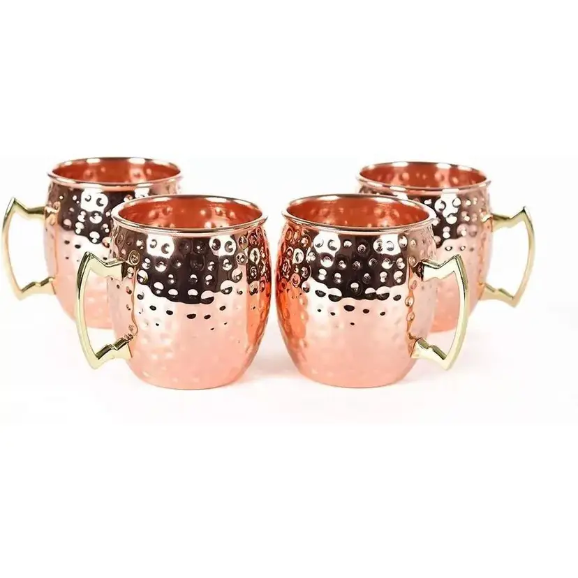 Hammered Copper Moscow Mule Mugs 500ML Brass Handle For Health Benefits Set of 4, NIB! NOS! Barware