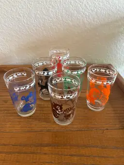 Set 6 Vintage 1950s Hazel Atlas Kraft Swanky Swigs Animal Juice Glasses