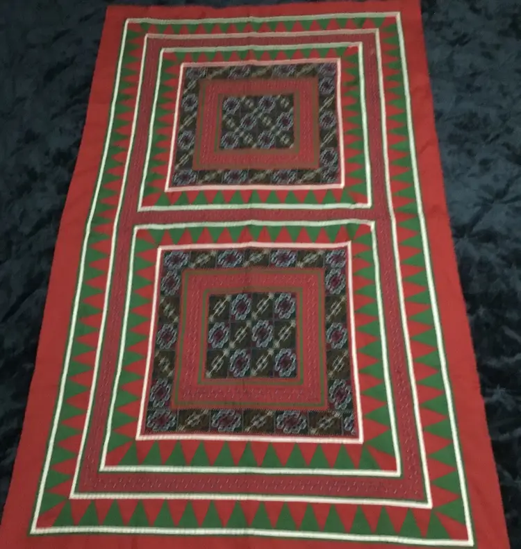 Hmong geometric textile wall art,  red green white black Christmas 52" x 31"