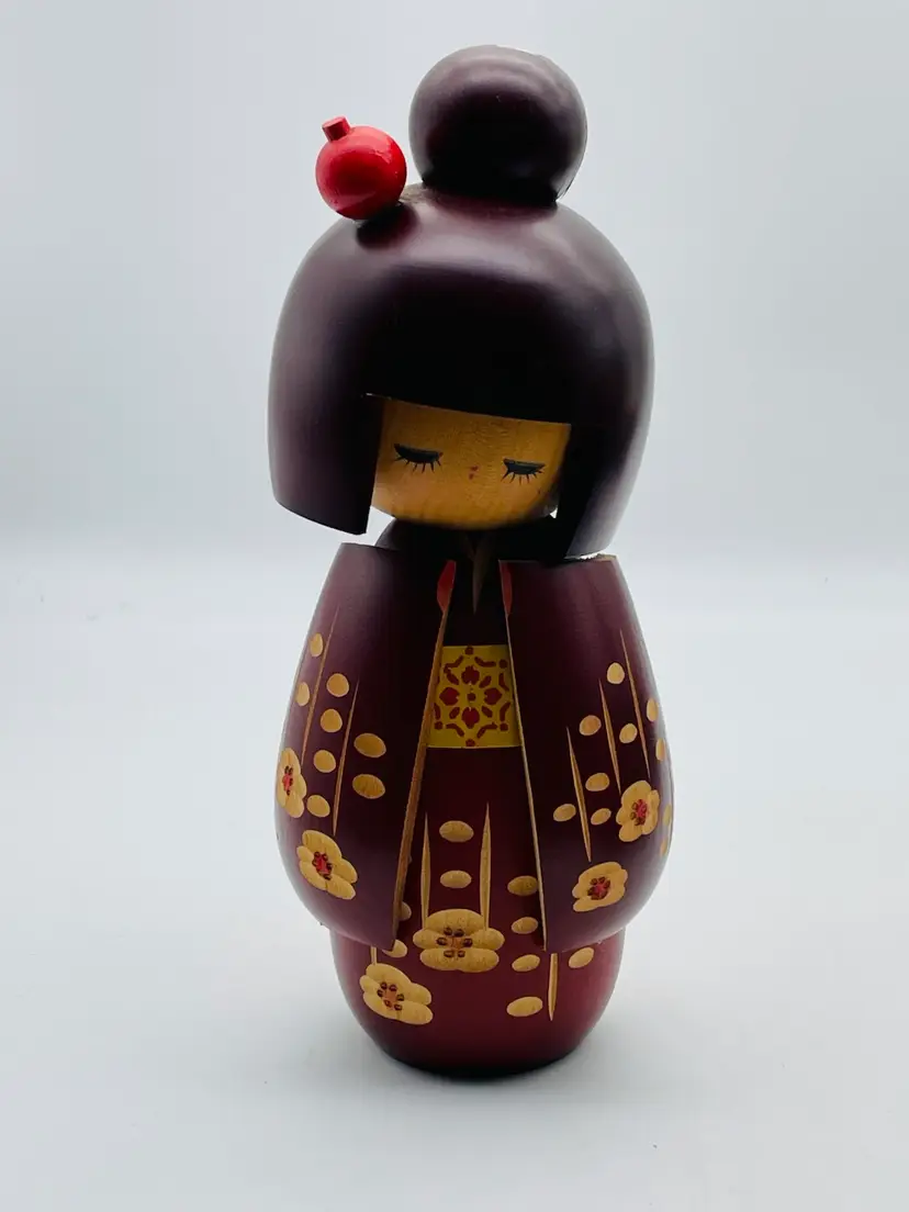 Maroon Kokeshi Doll Hand Carved READ