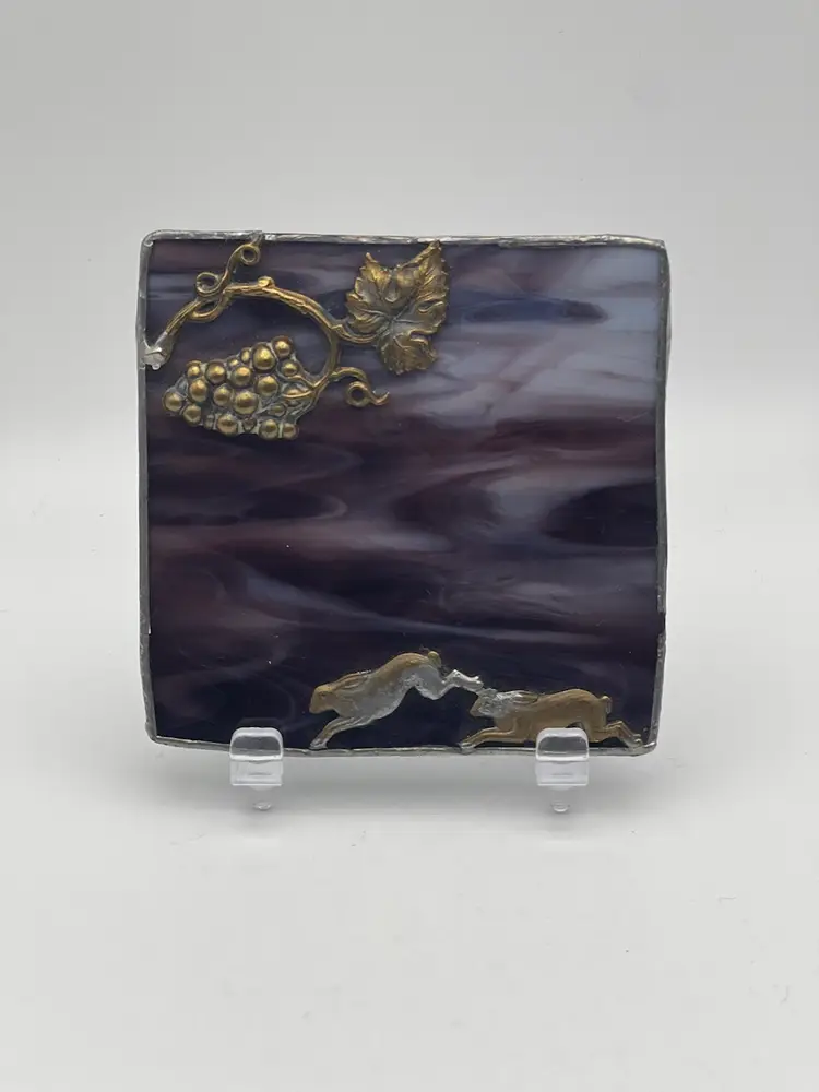 Vintage Amethyst Slag Glass Mirror With Rabbits & Grapes Beveled Edge 3-1/8” X 3-1/8”