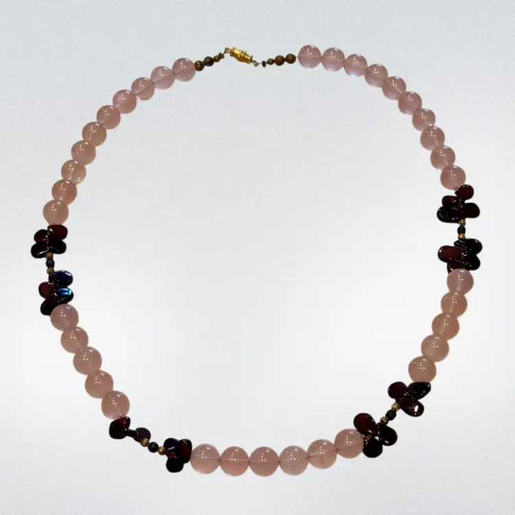 Vintage Polished Rose Quartz & Garnet Gemstone Necklace Barrel Clasp 21”