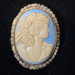 Cameo Woman’s Profile Brooch Lt Blue Beige Gold-tone Unsigned 1960’s 1970’s